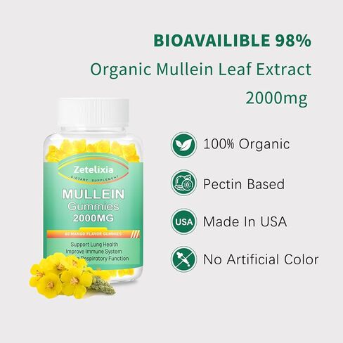 Mullein Gummies - 2000mg Mullein Leaf Extract for Lungs,Lung Detox Cleanse for Smokers,Mullein Lung Support Supplement for Immune Support,Mucus Relief, 60 Sugar Free Vegan Gummies in Saudi Arabia