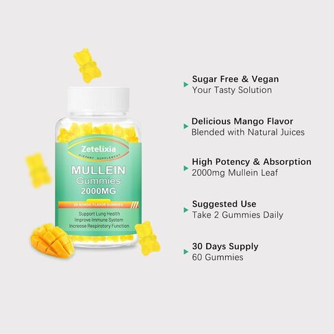 Mullein Gummies - 2000mg Mullein Leaf Extract for Lungs,Lung Detox Cleanse for Smokers,Mullein Lung Support Supplement for Immune Support,Mucus Relief, 60 Sugar Free Vegan Gummies in Saudi Arabia