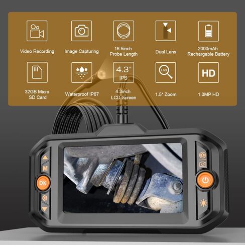 Dual Lens Industrial Endoscope, 1080P Digital Borescope Inspection Camera with 7.0mm IP67 Waterproof Camera, Sewer Camera with 4.3" LCD Screen, 7 LED Lights,16.5FT Semi-Rigid Cable, 32GB Card in Saudi Arabia
