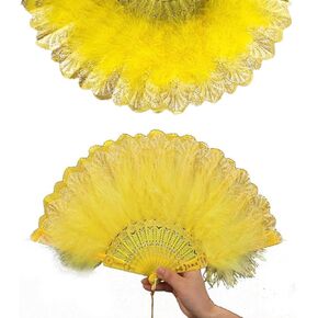 Feather Fan,Feather Folding Fan,Yellow Embroidered Flower Feather Fan Folding Handheld Fans 1920s Vintage Flapper Hand Fan for Dancing and Costume Party Decoration
