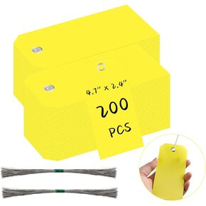 200 Pcs Plastic Shipping Tags with Wire, 4 3/4 x 2 3/8 Waterproof Tags, Plastic Labeling Tags, Wire Hanging Tags with Reinforced Metal Holes for Luggage Garage Equipment Inventory Car Parts