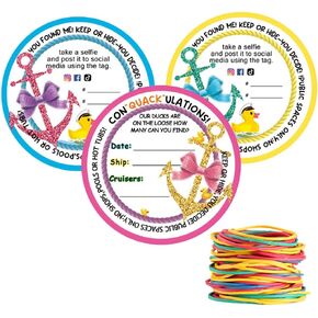 Duck Tags, Duck Duck Tags, Cruising Rubber Duck Tag, Ducking Game Card, 35 Pack, 2.5 x 2.5" inches, with Hole and Rubber Bands - 3 Colors