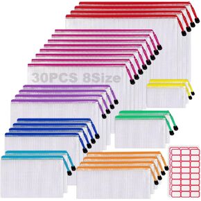 30pcs Mesh Zipper Pouch (8 Size, 8 Colors), Waterproof Zipper Bags with Labels, Durable Document Pouches, Multipurpose for School and Office Supplies, Travel and Home Storage in Saudi Arabia