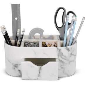 Marble Desk Organizer For Office Supplies Desk Accessories - Pencil Pen Holder Decor - Home School College Organization Desktop Caddy - Faux Leather