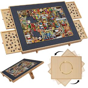 لوحة ألغاز TEAKMAMA 1500 قطعة مع 4 أدراج، لوحة ألغاز دوارة 2 في 1 مع حامل مائل، لوحة ألغاز مع غطاء، طاولة ألغاز خشبية محمولة مع سطح اللباد، 35 بوصة عرض × 27 بوصة عمق in Kuwait