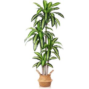 Artificial Plants, 4 Ft Dracaena Tree Faux Plants Indoor Outdoor Decor Fake Tree with Woven Seagrass Basket Plants for Home Decor Office Living Room Porch Patio Perfect Housewarming Gift