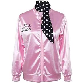 Classic 1950s Pink Satin Jacket with Spotted Neck Scarf for Women Lady Girls