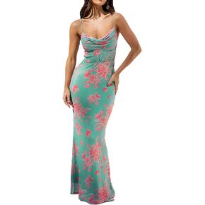 Women's Floral Bodycon Maxi Dress Spaghetti Strap Sexy Long Dress 2024 Summer Backless Wedding Guest Cocktail Dress