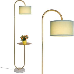 Hsyile KU300272 Arc Floor Lamp with Hanging Drum Shade for Living Room-Marble Base Modern Tall Stand Up Light with Table, Contemporary Over The Couch Gold Lamp Standing Lamps for Bedroom Office