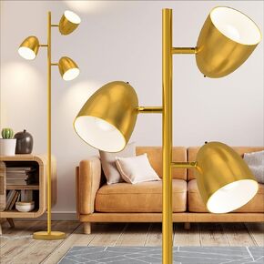 Tree Floor Lamp with 3 Light Bulbs Standing Tall Pole Lamps with Adjustable Metal Heads 65"Reading Stand up Lamps with E26 Base Modern Floor Lamps for Living Rooms, Bedrooms, Home, Office(Gold)