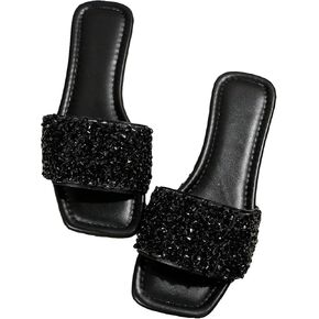 GORGLITTER Women's Sparkly Jeweled Flat Sandals Dressy Open Toe Glitter Shiny Slippers Slip-on Shoes