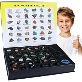 Rock Collection - 36pc Cool Rocks and Gems Stones Crystals Kit - Rocks and Minerals Science Kit with Leaning Guide - Earth Science Activity Kit - Rock Collection Box
