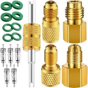 17 Pcs R134a Brass Refrigerant Tank Adapter 1/4" to 1/2" R134a Fitting Adapter 1/2" to 1/4" Vacuum Pump Port Connection Adapter with Valve Core Remover Washer Gasket for Ac Refrigerant System