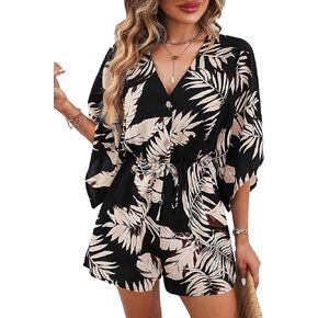 WDIRARA Women's Tropical Print Button Up Boho Romper V Neck High Waist Flowy Jumpsuit Shorts