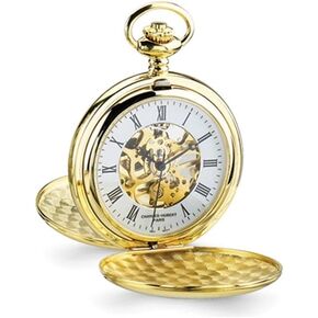 Sonia Jewels Charles Hubert 14k Gold Men's Finish White Skeleton Dial Pocket Watch 14.5"