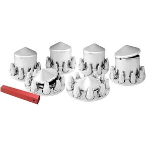 GG Grand General 40233 Chrome Plastic Complete ABS Axle Set (2 Front & 4 Rear) w/Cone Style Hub Caps and Push-On 33mm Lug Nut Covers for Trucks, 4 Pack, 33mm x 3"""