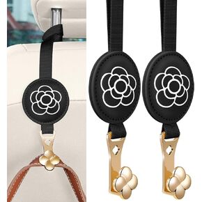 Akkya Car Headrest Hooks Holder Hanger for Purse Bags Grocery, Cute Universal Black Car Seat Metal Hooks Clips Head Rest Organizer 2 Pack for Women Girls Flower