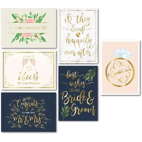 Juvale 24 Pack Wedding Cards for Bride and Groom with Gold Envelopes, Engagement Congratulations, 6 Gold Foil Designs (5x7 in)