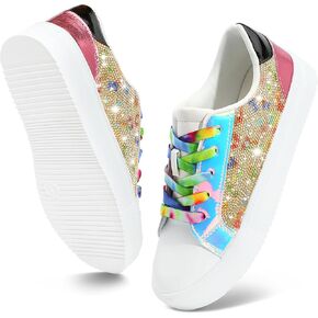 Girls Sneakers Sparkle Glitter Low Top Sneakers for Kids PU Leather Fashion Shoes with Colorful Shoelace