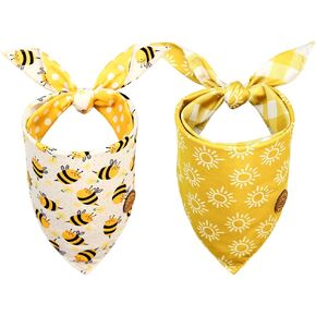 CROWNED BEAUTY Spring Dog Bandanas Reversible Large 2 Pack, Buzzing Sunshine Set, Yellow Plaid Adjustable Triangle Holiday Scarves for Medium Large Extra Large Dogs Pets DB112-L