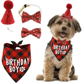 Dog Birthday Bandana Hat Bowtie Hairpin Set, 1 Set Red Classic Plaid Birthday Decor Pets Triangle Scarfs Hat Tie and Hairpin for Pet Puppy Cat