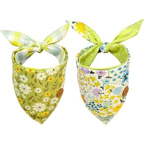 CROWNED BEAUTY Spring Dog Bandanas Reversible Large 2 Pack, Floral Fancies Set, Green Plaid Adjustable Triangle Holiday Scarves for Medium Large Extra Large Dogs Pets DB107-L