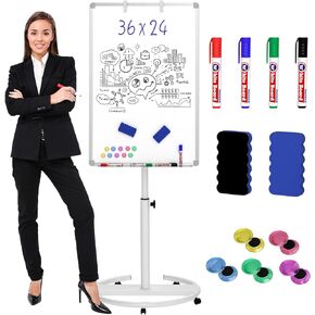 Nicpro Mobile Whiteboard 36"x 24" Magnetic Dry Erase Board, Height Adjustable Standing Easel Whiteboard with 5 Wheels, Flipchart Hooks, Rolling Whiteboard for Office Home or Classroom Teaching