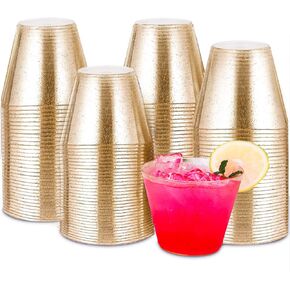 100 Pack Gold Rimmed Plastic Cups - 9 oz Hard Clear Plastic Cups, Premium Disposable Cups For Cocktail And Drinking - Food Grade Party Cups Set - Sturdy Plastic Tumbler Cups - Gold Rim