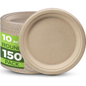 100% Compostable Paper Plates Heavy Duty -150 Pack Biodegradable Disposable Plates – 10" Brown Disposable Dinner Plates Made of Eco-Friendly, Natural Unbleached Sugarcane Bagasse, Microwavable Plates