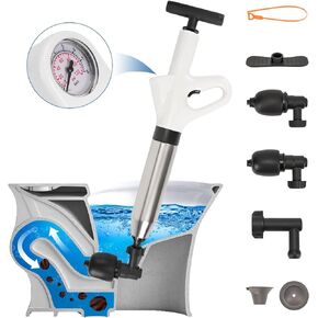 TOOVEM Toilet Plunger Set (8 pcs),Drain Snake Clog Remover Tools, High-Pressure Air Drain Blaster with Real-Time Barometer for Plugging Toilets, Kitchen, Bathroom, Floor Drain, Clogged Pipe