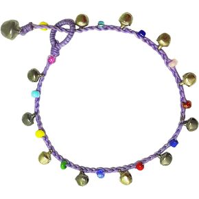 Handmade Varicolored Glass Bead Bells Purple Cord Anklet Bracelet 10 Inches (AkSP08)