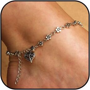 Boho Flower Ankle Bracelets Silver Heart Hanging Anklets Beach Foot Bracelet Jewelry for Women and Girls(1PCS)