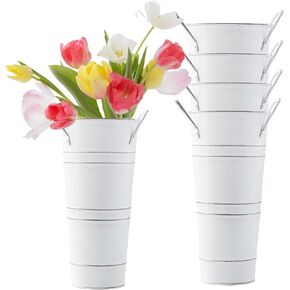 Galvanized Flower Bucket 4 Pcs French Rustic Floral Metal Vases with Handles for Home Wedding Table Centerpiece Decor (Silver, 9 Inch)
