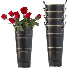 Galvanized Flower Bucket 4 Pcs French Rustic Floral Metal Vases with Handles for Home Wedding Table Centerpiece Decor (Silver, 9 Inch)