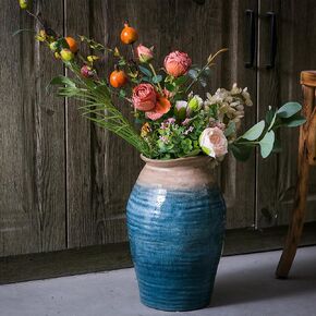 Blue Floor Vase, Ceramic Glazed Large Vase, Modern Farmhouse Home Decor, Big Rustic Terracotta Vase, Vintage Pottery Clay Vase, Wide Mouth Decorative Vase for Living Room Entryway Centerpiece