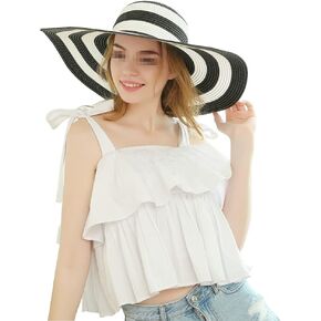 Black and White Striped Straw Hat Summer Beach Sun Hat Foldable Wide Brim Cap for Women