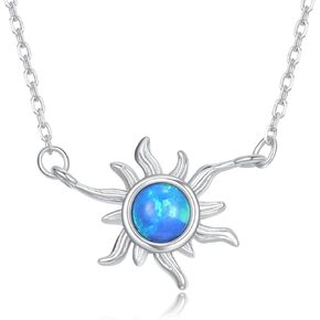 Sun Blue/White Opal Necklace 925 Sterling Silver Created Blue/White Birthstone Sunshine Sunburst Jewelry Birthday Valentine's Day Gift for Women Girls Her