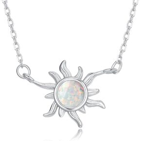 Sun Blue/White Opal Necklace 925 Sterling Silver Created Blue/White Birthstone Sunshine Sunburst Jewelry Birthday Valentine's Day Gift for Women Girls Her