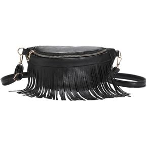 Women's Fringe Chest Bag Fanny Pack Tassel Crossbody Bag Shoulder Bag for Women Girls Black Belt Bag Travel Pouch