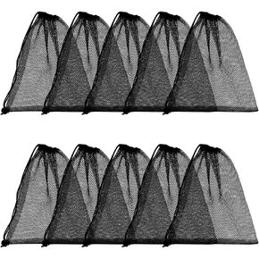 10pcs Mesh Drawstring Bag 10 x 12 inch Black Small Bags With Pull Rope Thicken Portable Storage Bags Outdoor Mesh Organizer Bag for Travel Hike Sports Diving Beach Collecting Toys