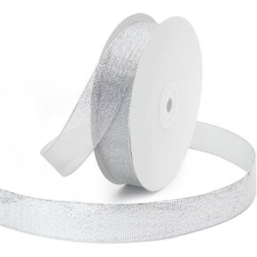3/8 inch x 50 Yards Glitter Metallic Silvery Ribbon, Sparkly Metallic Fabric Ribbons Silver Metallic Ribbons Perfect for Gifts Wrapping, Sewing, Decoration for Christmas, Valentines Day
