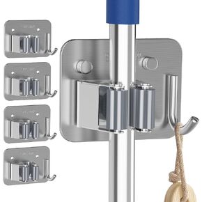 4 Pack Stainless Steel Mop and Broom Gripper with Hook, Screw Drilling or Self Adhesive Mop and Broom Holder Wall Mount, Storage Rack for Closet Laundry Garage Garden Tool Organizer, Silver