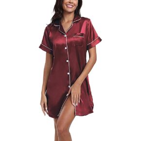 Satin Nightgowns for Women Short Sleeve Button Down Sleepshirt Silky Boyfriend Sleep Dress Loungewear
