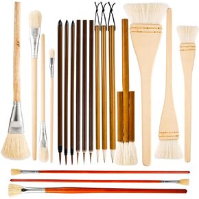 20pcs Pottery Glaze Brushes Set, Wood Ceramic Brushes with Long Handle Different Shapes Wool Art Paintbrush Tool Watercolor Oil Acrylic Painting Supplies for Students Artist Kids Adults