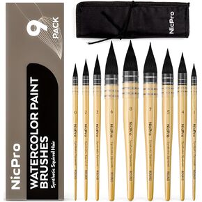 Nicpro Professional Watercolor Paint Brushes with Nylon Bag, 9 PCS Mop Paintbrush, Round Synthetic Squirrel Hair, Bulk Paint Brushes for Watercolor Painting, Gouache, Acrylic, Oil, Wood Color