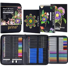PRINA 81 Drawing Set Sketching Kit, Pro Sketch Stuff Art Supplies with Rainbow, Colored, Graphite, Watercolor, Metallic, Charcoal Pencils, Sketchbook, Coloring Book, Gift Case for Artists Adults Kids