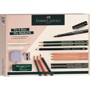 Faber-Castell Try It Box: Dry Mediums - 17 Piece Sketching Drawing Art Set with featuring Colored Pencils, Graphite Pencils, Charcoal Pencils, Pitt Artist Pen and Art Tools