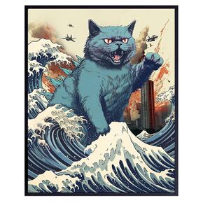 Vintage Funny Cat Wall Art & Decor - Catzilla Japanese Wall Art - The Great Wave off Kanagawa - Cute Cat Stuff - Cat Wall Decor - Cat Mom, Cat Gift, Cat Poster, Cat Dad, Cat Themed Wall Decor for Men