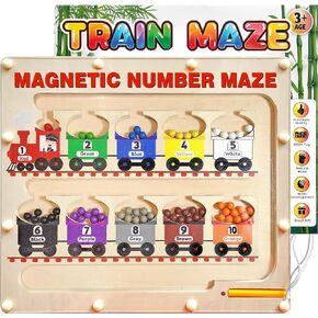 Panda Brothers Magnetic Color and Number Maze with Long Pen Handle, Color Learning Busy Board for Kids, Wooden Montessori, Fine Motor Skills and Educational Toys, Magnetic Maze Toys for Toddlers 1-3