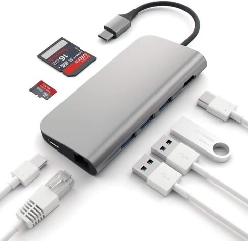 Satechi Aluminum Multi-Port Adapter 4K HDMI, USB-C Pass Through, Gigabit Ethernet, SD/Micro Card Readers, USB 3.0 - Compatible with 2022 MacBook Pro/Air M2, 2020 MacBook Pro/Air M1 (Silver) in Saudi Arabia